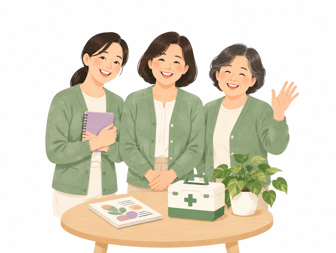 요양보호사 세 분이 함께 웃으며 새 동료를 맞이하는 그림